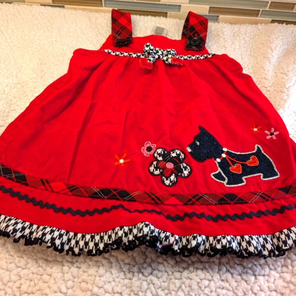 Red Corduroy Overall Jumper Dress with Dog/Scottish Terrier, Size 18 months